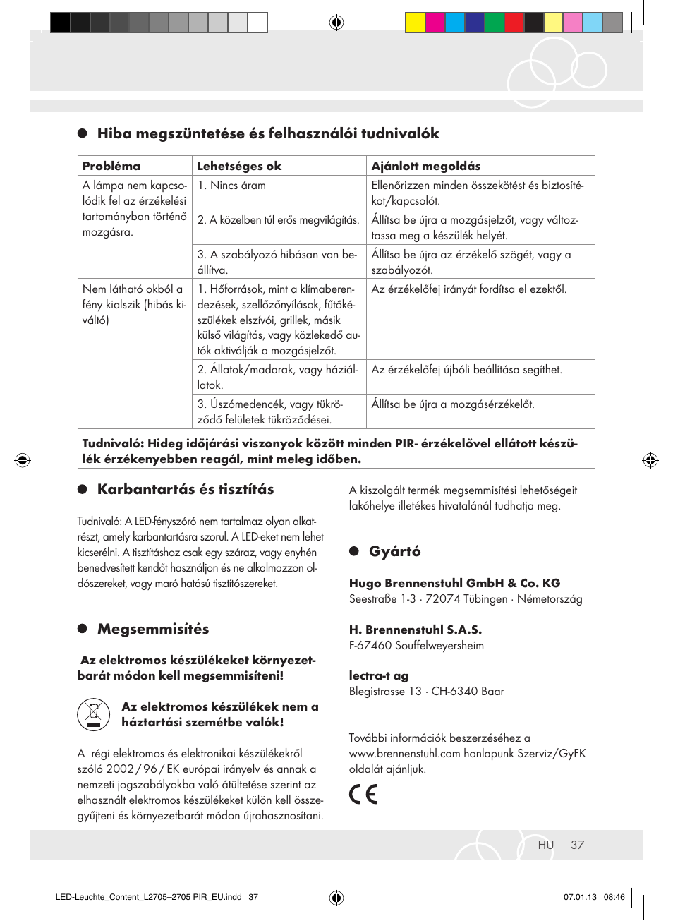 Karbantartás és tisztítás, Megsemmisítés, Gyártó | Hiba megszüntetése és felhasználói tudnivalók | Brennenstuhl Power LED Lamp L2705 IP44 27x0,5W 1080lm Energy efficiency class A User Manual | Page 37 / 72