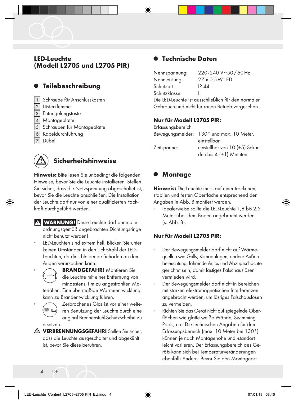 Sicherheitshinweise, Technische daten, Montage | Brennenstuhl Power LED Lamp L2705 IP44 27x0,5W 1080lm Energy efficiency class A User Manual | Page 4 / 72