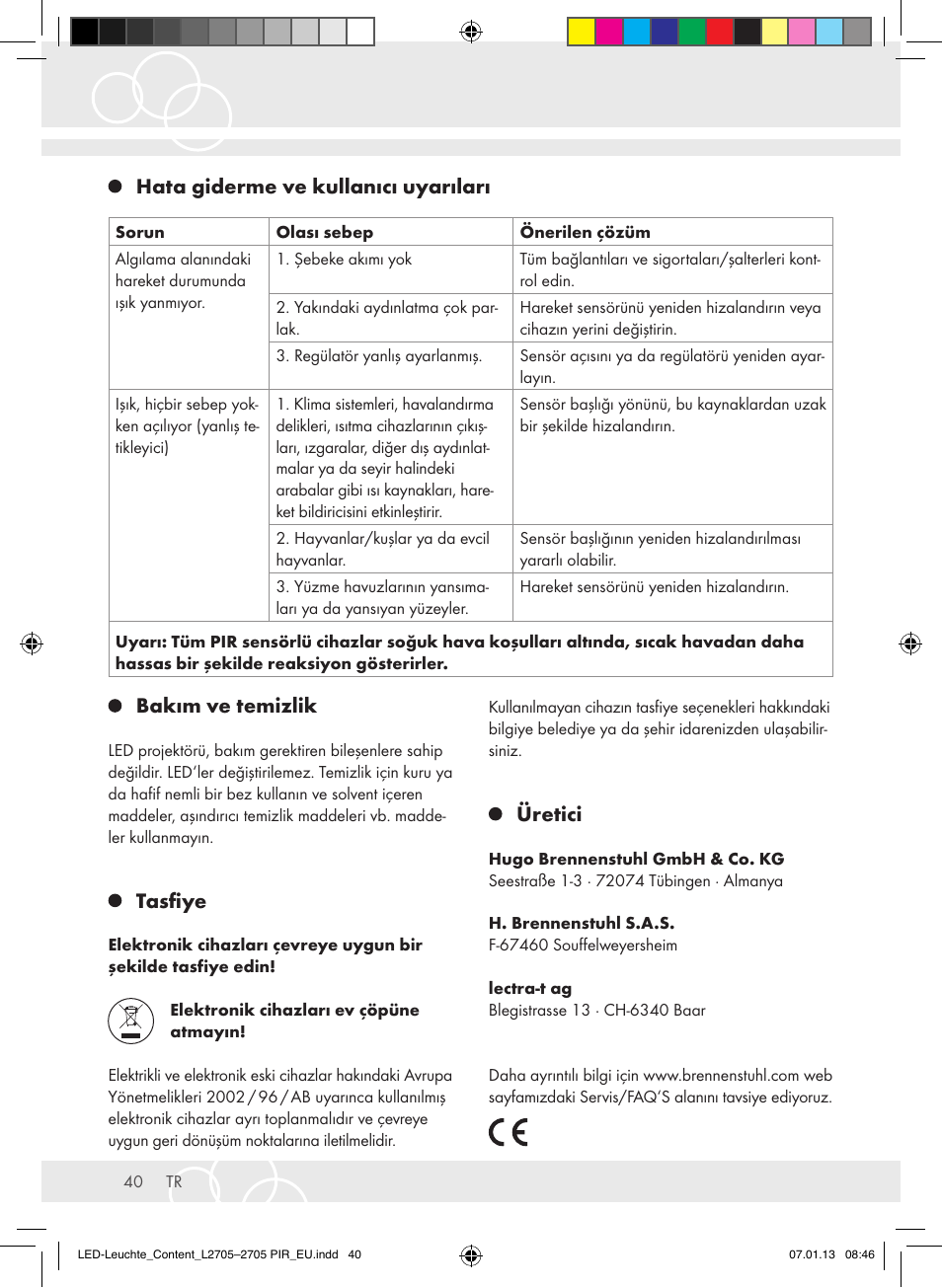 Bakım ve temizlik, Tasfiye, Üretici | Hata giderme ve kullanıcı uyarıları | Brennenstuhl Power LED Lamp L2705 IP44 27x0,5W 1080lm Energy efficiency class A User Manual | Page 40 / 72