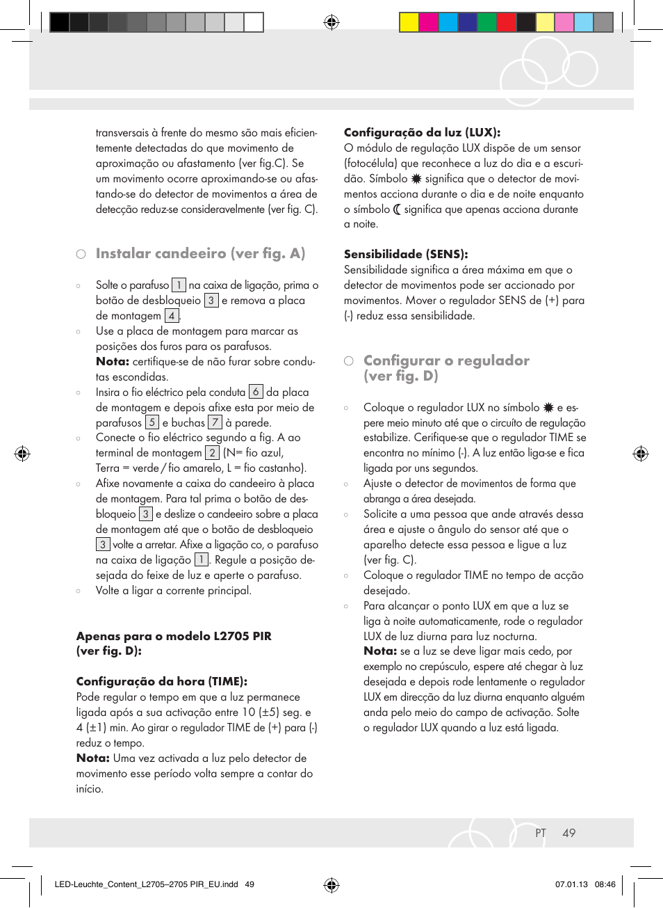 Instalar candeeiro (ver fig. a), Configurar o regulador (ver fig. d) | Brennenstuhl Power LED Lamp L2705 IP44 27x0,5W 1080lm Energy efficiency class A User Manual | Page 49 / 72