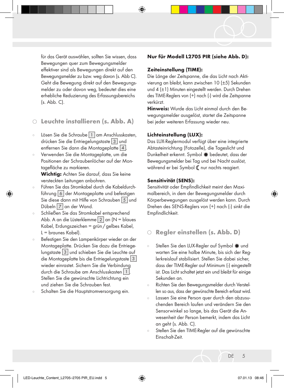 Leuchte installieren (s. abb. a), Regler einstellen (s. abb. d) | Brennenstuhl Power LED Lamp L2705 IP44 27x0,5W 1080lm Energy efficiency class A User Manual | Page 5 / 72