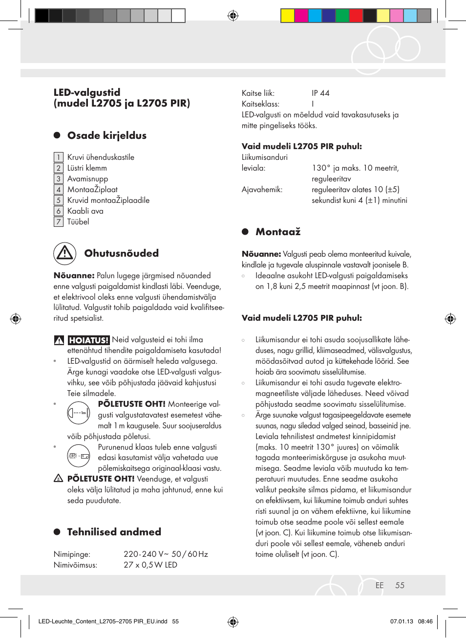 Ohutusnõuded, Tehnilised andmed, Montaaž | Brennenstuhl Power LED Lamp L2705 IP44 27x0,5W 1080lm Energy efficiency class A User Manual | Page 55 / 72