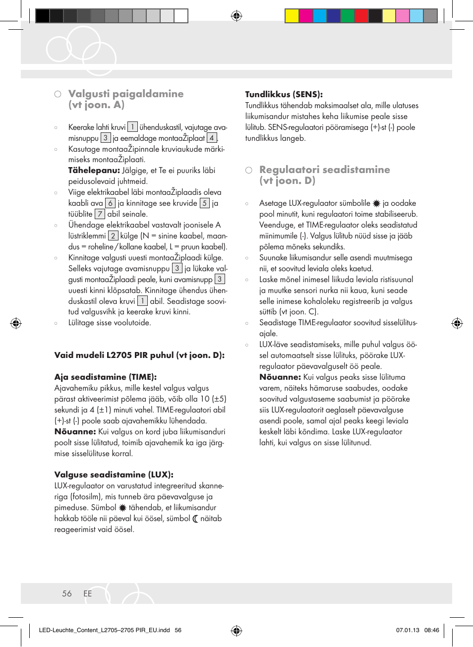 Valgusti paigaldamine (vt joon. a), Regulaatori seadistamine (vt joon. d) | Brennenstuhl Power LED Lamp L2705 IP44 27x0,5W 1080lm Energy efficiency class A User Manual | Page 56 / 72