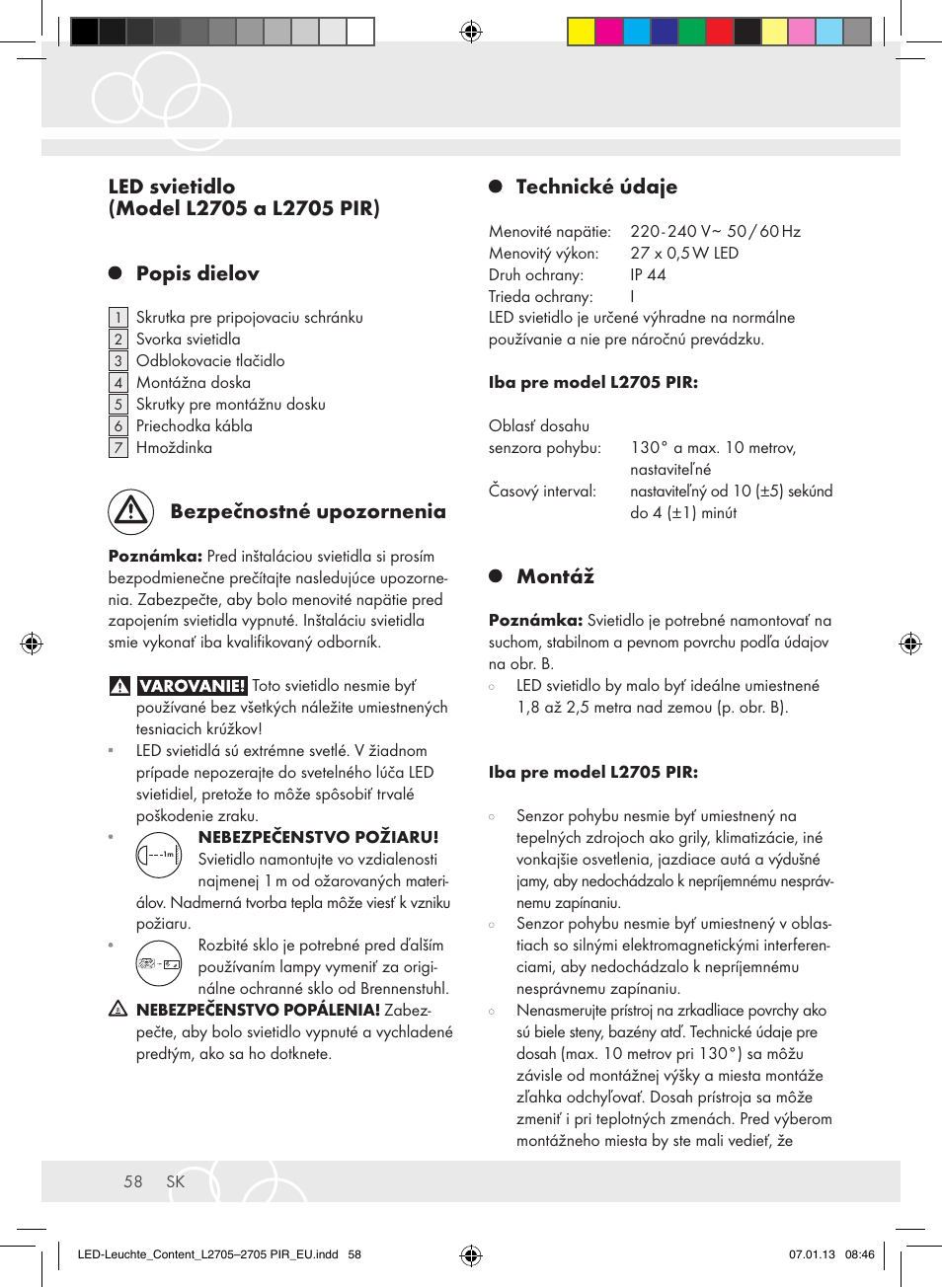 Bezpečnostné upozornenia, Technické údaje, Montáž | Brennenstuhl Power LED Lamp L2705 IP44 27x0,5W 1080lm Energy efficiency class A User Manual | Page 58 / 72