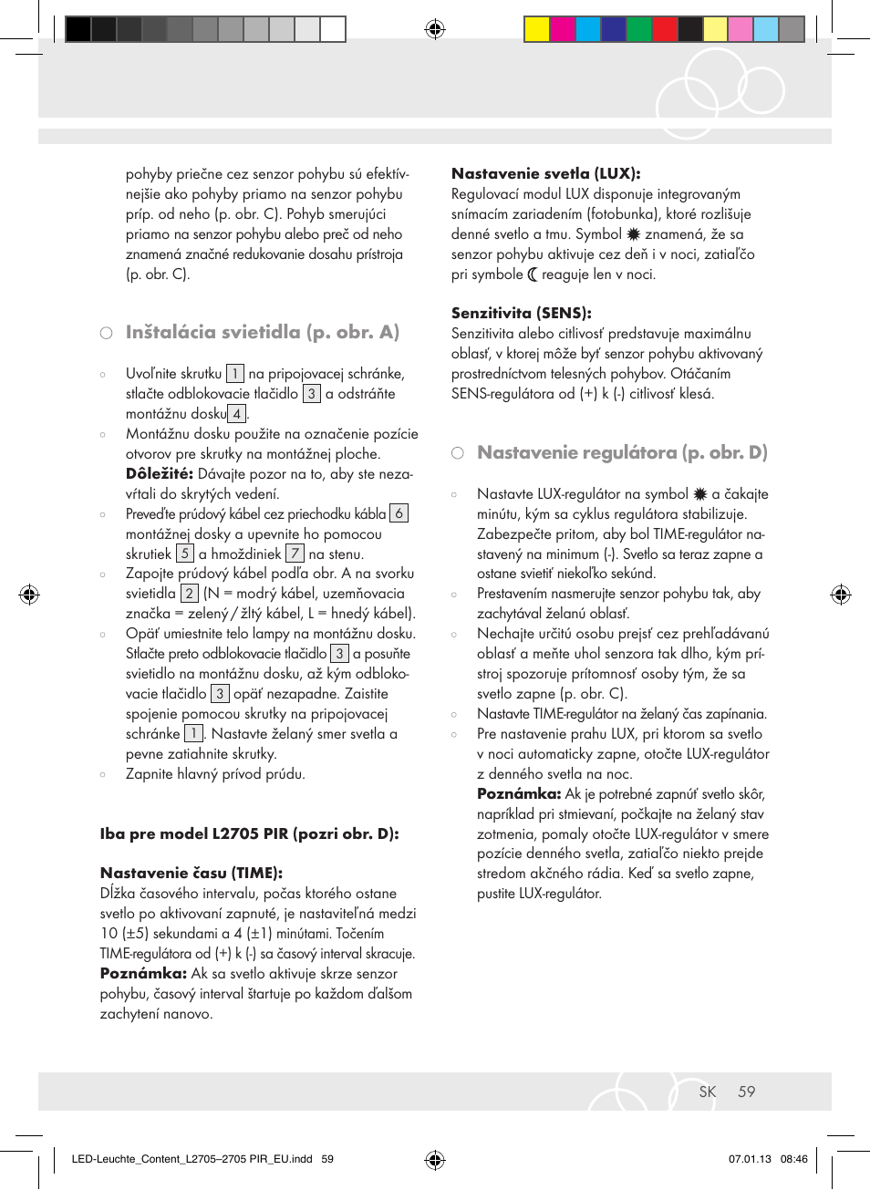 Inštalácia svietidla (p. obr. a), Nastavenie regulátora (p. obr. d) | Brennenstuhl Power LED Lamp L2705 IP44 27x0,5W 1080lm Energy efficiency class A User Manual | Page 59 / 72