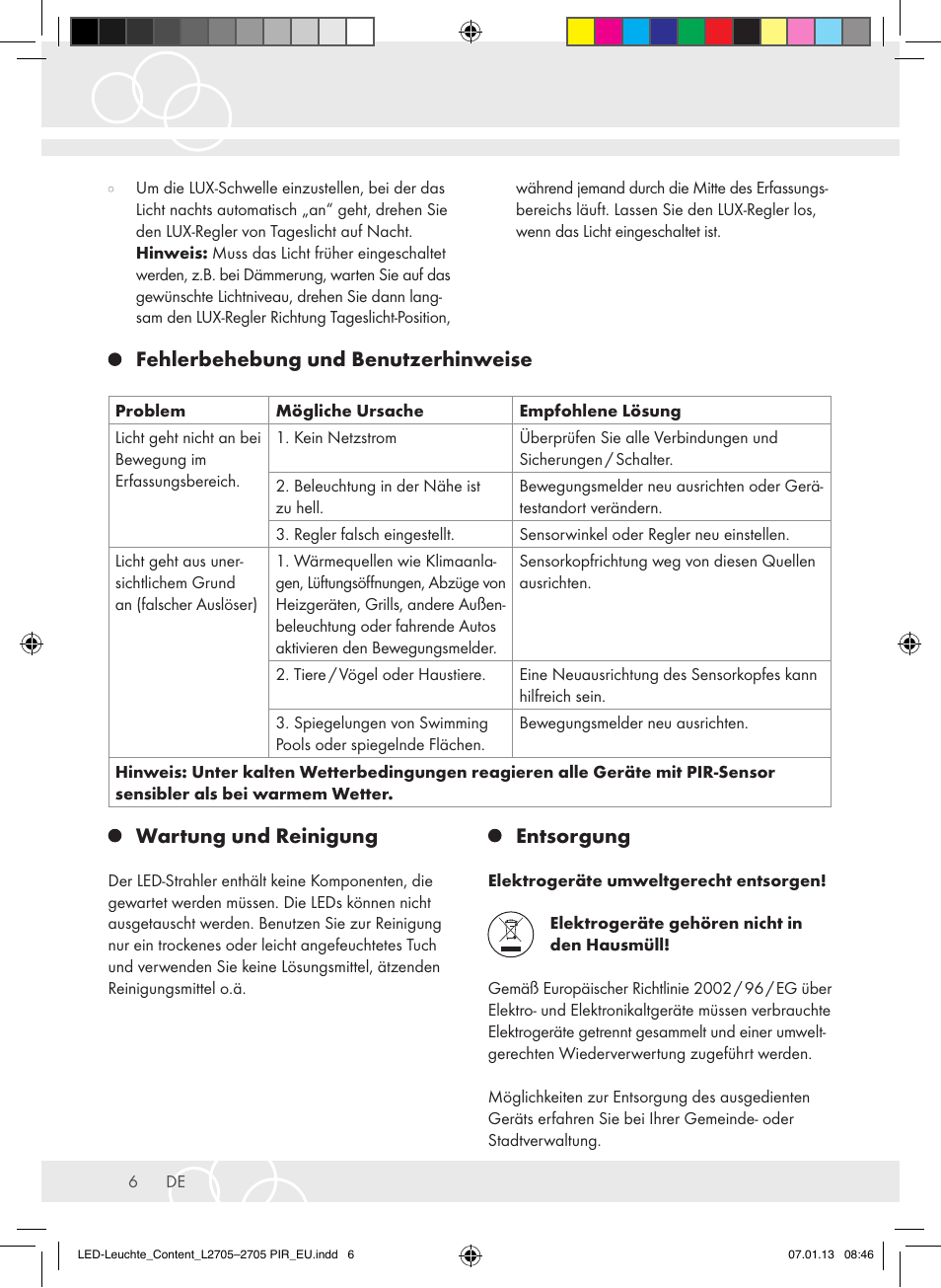 Wartung und reinigung, Entsorgung, Fehlerbehebung und benutzerhinweise | Brennenstuhl Power LED Lamp L2705 IP44 27x0,5W 1080lm Energy efficiency class A User Manual | Page 6 / 72