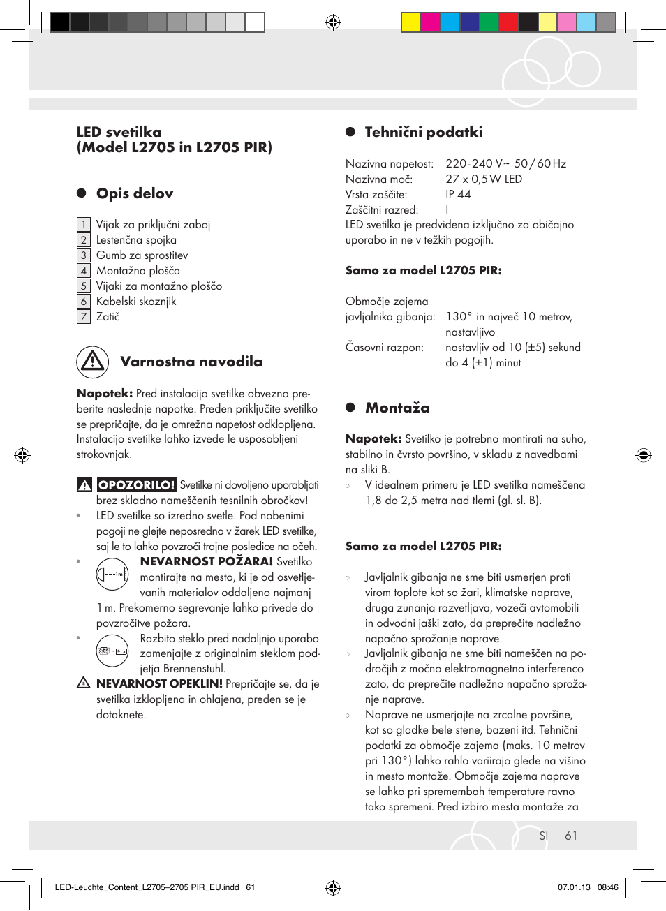 Varnostna navodila, Tehnični podatki, Montaža | Brennenstuhl Power LED Lamp L2705 IP44 27x0,5W 1080lm Energy efficiency class A User Manual | Page 61 / 72