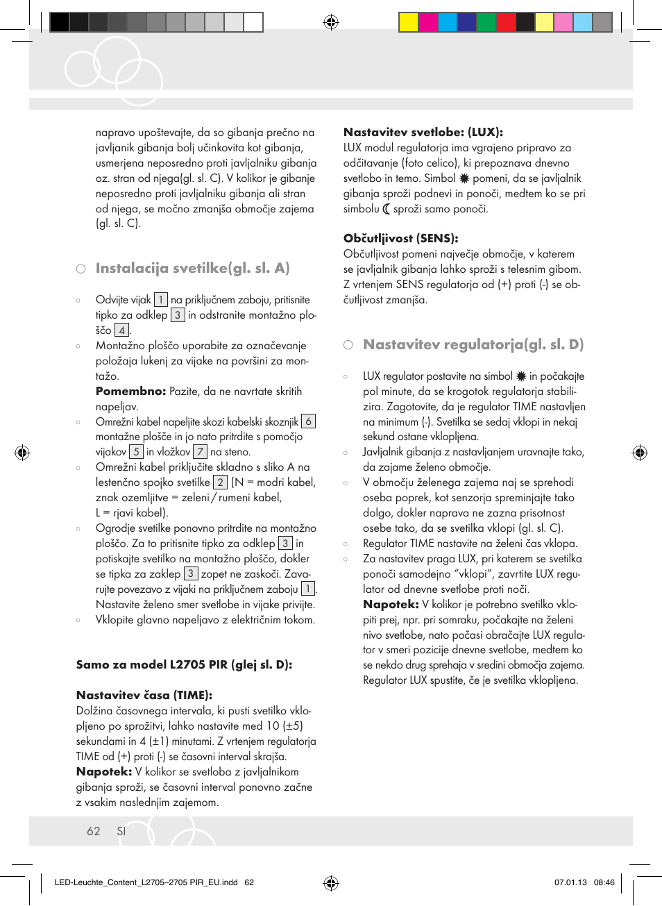 Instalacija svetilke(gl. sl. a), Nastavitev regulatorja(gl. sl. d) | Brennenstuhl Power LED Lamp L2705 IP44 27x0,5W 1080lm Energy efficiency class A User Manual | Page 62 / 72