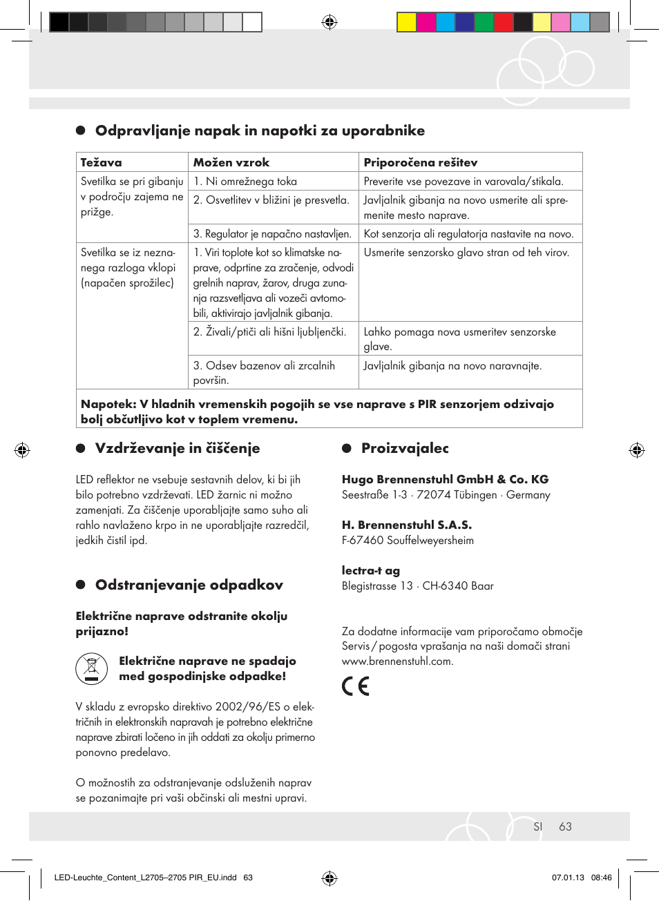 Vzdrževanje in čiščenje, Odstranjevanje odpadkov, Proizvajalec | Odpravljanje napak in napotki za uporabnike | Brennenstuhl Power LED Lamp L2705 IP44 27x0,5W 1080lm Energy efficiency class A User Manual | Page 63 / 72