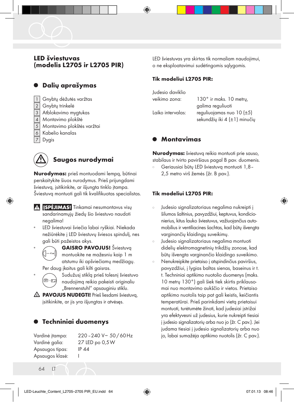 Saugos nurodymai, Techniniai duomenys, Montavimas | Brennenstuhl Power LED Lamp L2705 IP44 27x0,5W 1080lm Energy efficiency class A User Manual | Page 64 / 72