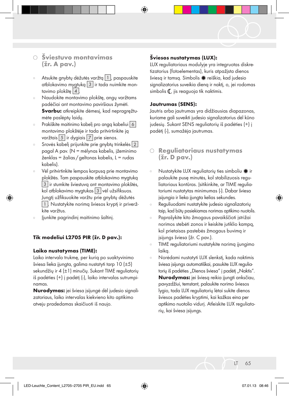 Šviestuvo montavimas (žr. a pav.), Reguliatoriaus nustatymas (žr. d pav.) | Brennenstuhl Power LED Lamp L2705 IP44 27x0,5W 1080lm Energy efficiency class A User Manual | Page 65 / 72