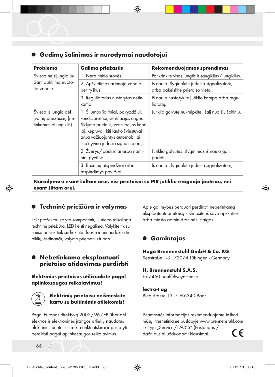 Techninė priežiūra ir valymas, Gamintojas, Gedimų šalinimas ir nurodymai naudotojui | Brennenstuhl Power LED Lamp L2705 IP44 27x0,5W 1080lm Energy efficiency class A User Manual | Page 66 / 72