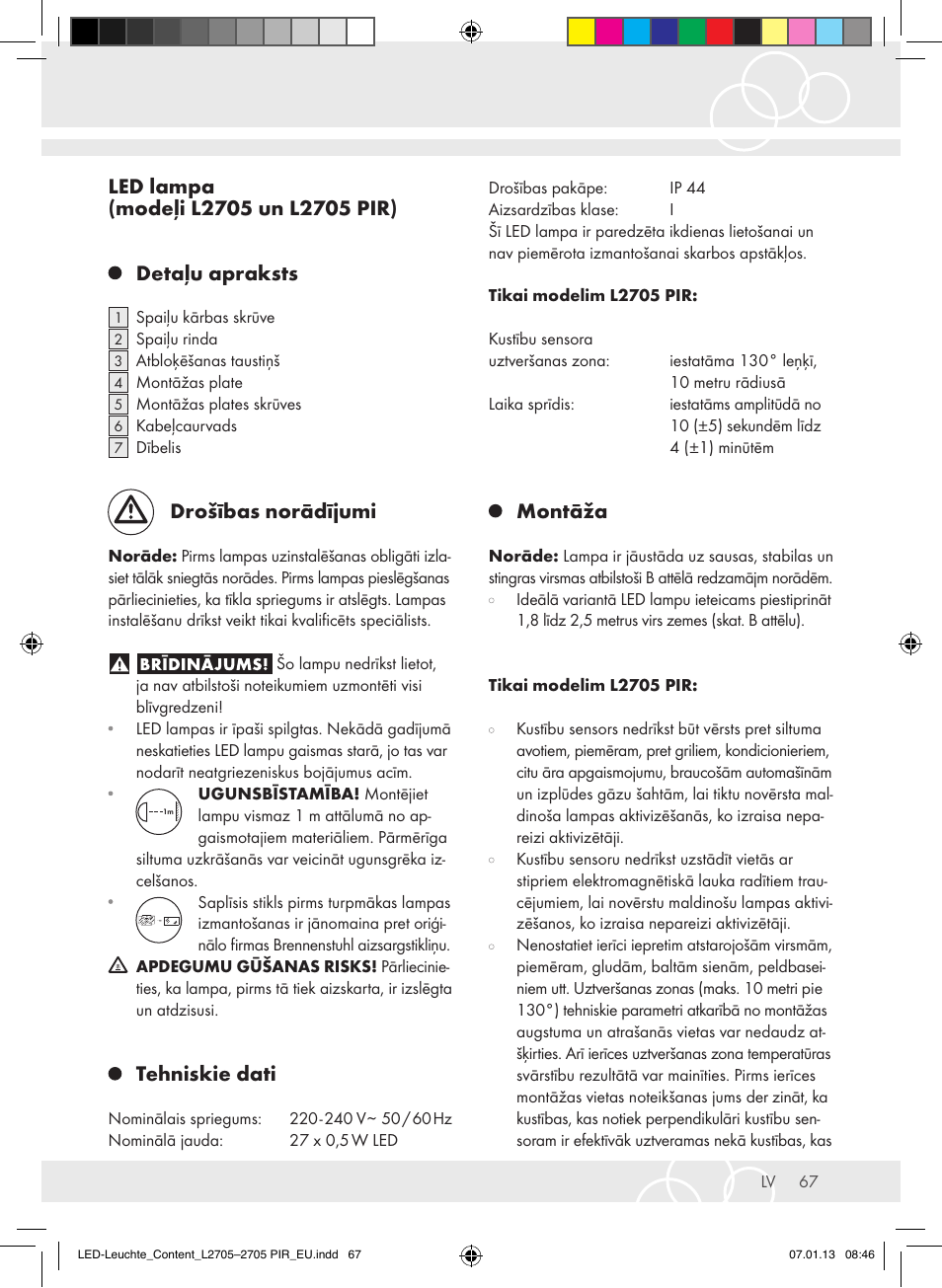 Drošības norādījumi, Tehniskie dati, Montāža | Brennenstuhl Power LED Lamp L2705 IP44 27x0,5W 1080lm Energy efficiency class A User Manual | Page 67 / 72