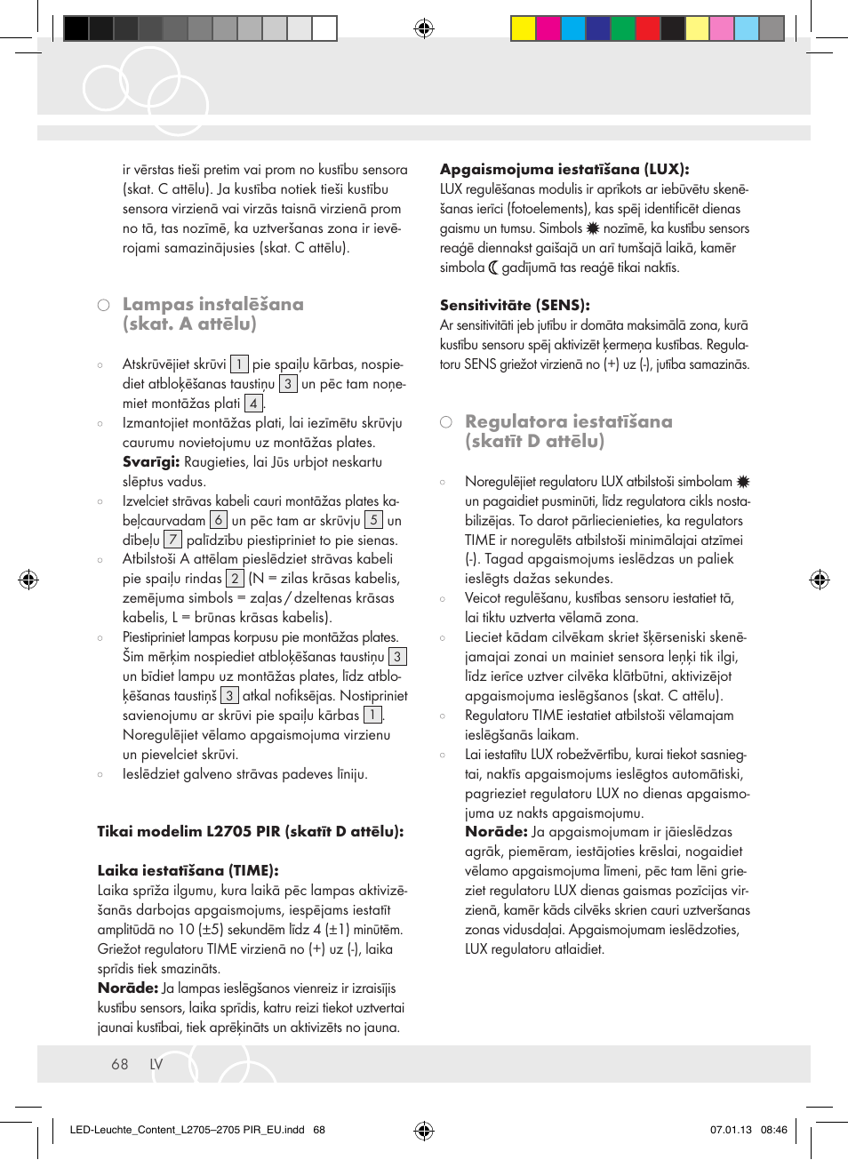 Lampas instalēšana (skat. a attēlu), Regulatora iestatīšana (skatīt d attēlu) | Brennenstuhl Power LED Lamp L2705 IP44 27x0,5W 1080lm Energy efficiency class A User Manual | Page 68 / 72