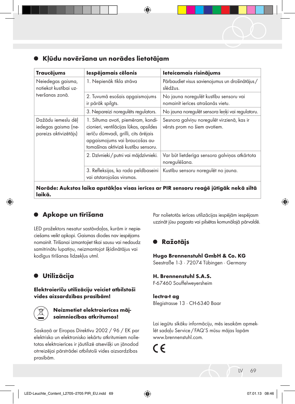 Apkope un tīrīšana, Utilizācija, Ražotājs | Kļūdu novēršana un norādes lietotājam | Brennenstuhl Power LED Lamp L2705 IP44 27x0,5W 1080lm Energy efficiency class A User Manual | Page 69 / 72