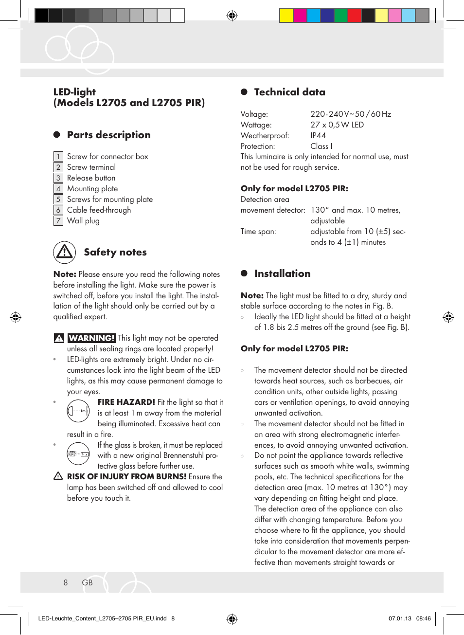 Technical data, Installation | Brennenstuhl Power LED Lamp L2705 IP44 27x0,5W 1080lm Energy efficiency class A User Manual | Page 8 / 72