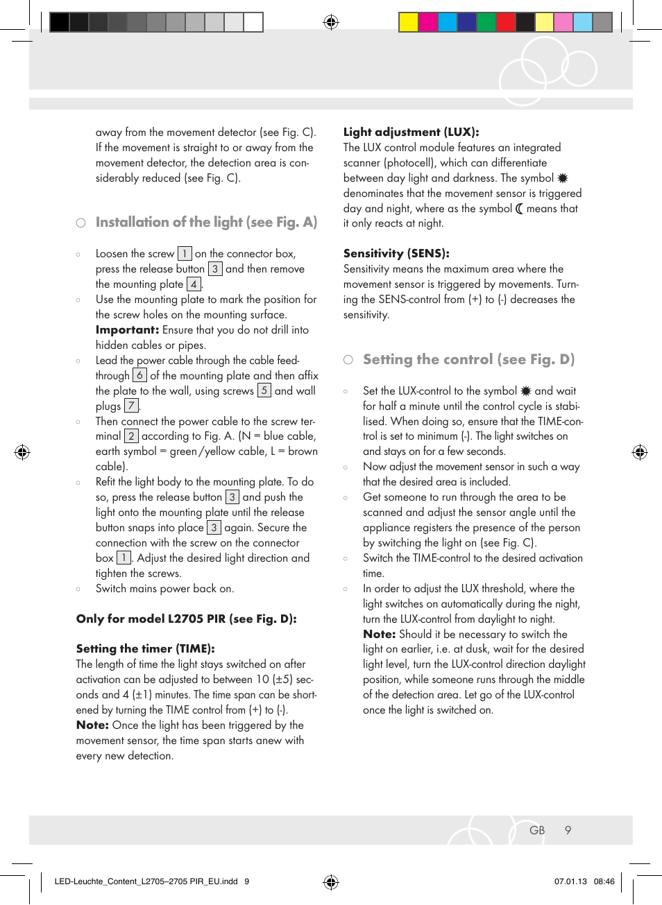 Installation of the light (see fig. a), Setting the control (see fig. d) | Brennenstuhl Power LED Lamp L2705 IP44 27x0,5W 1080lm Energy efficiency class A User Manual | Page 9 / 72