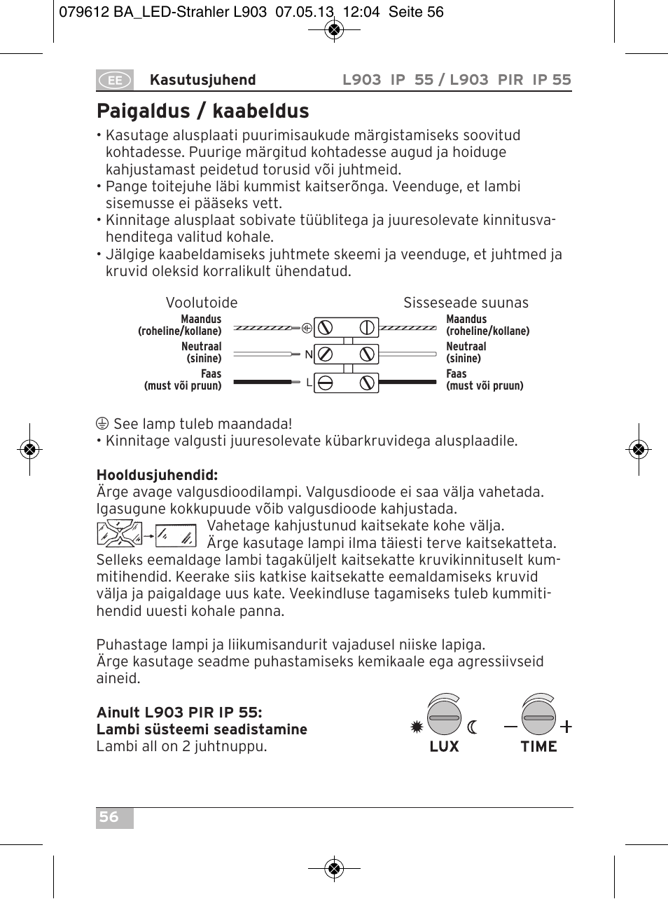 Paigaldus / kaabeldus | Brennenstuhl Chip LED Light L CN 150 PIR IP44 with PIR sensor 50W 3500lm Energy efficiency class A User Manual | Page 56 / 72