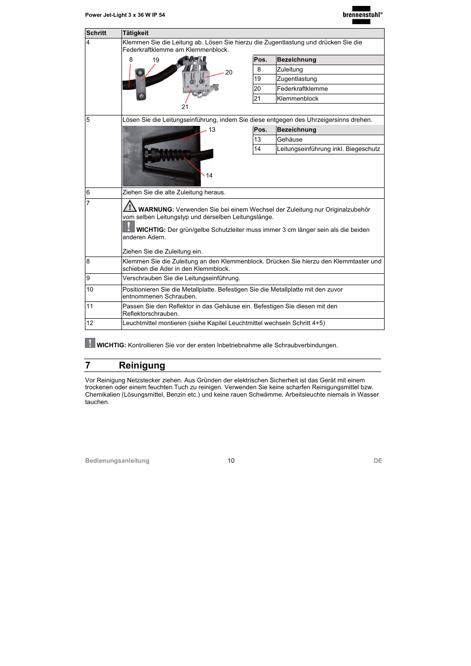 7 reinigung | Brennenstuhl Power Jet-Light 3 x 36 Watt IP54 spotlight 5m H07RN-F 3G1,5 3x2920lm Energy efficiency class A User Manual | Page 10 / 68