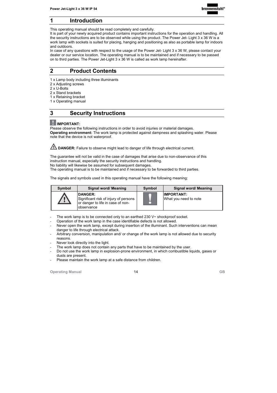 1 introduction, 2 product contents, 3 security instructions | Brennenstuhl Power Jet-Light 3 x 36 Watt IP54 spotlight 5m H07RN-F 3G1,5 3x2920lm Energy efficiency class A User Manual | Page 14 / 68