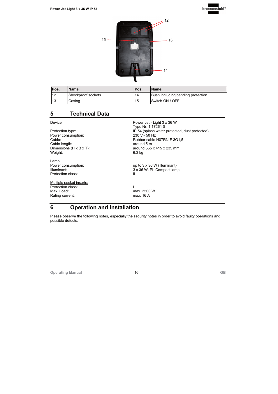 5 technical data, 6 operation and installation | Brennenstuhl Power Jet-Light 3 x 36 Watt IP54 spotlight 5m H07RN-F 3G1,5 3x2920lm Energy efficiency class A User Manual | Page 16 / 68