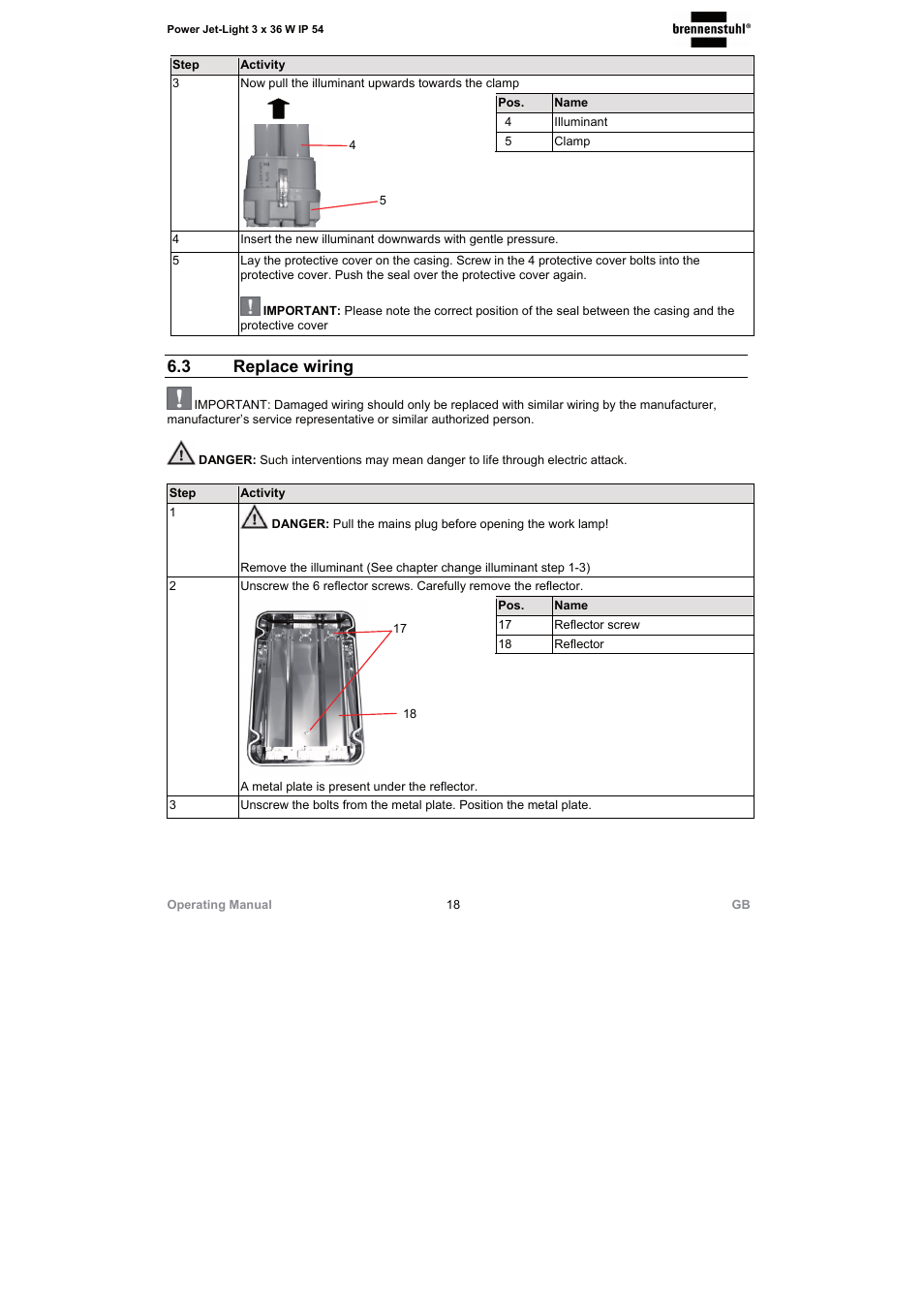 3 replace wiring | Brennenstuhl Power Jet-Light 3 x 36 Watt IP54 spotlight 5m H07RN-F 3G1,5 3x2920lm Energy efficiency class A User Manual | Page 18 / 68