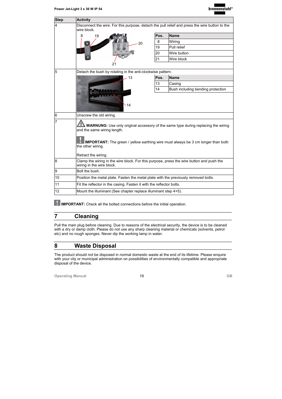 7 cleaning, 8 waste disposal | Brennenstuhl Power Jet-Light 3 x 36 Watt IP54 spotlight 5m H07RN-F 3G1,5 3x2920lm Energy efficiency class A User Manual | Page 19 / 68