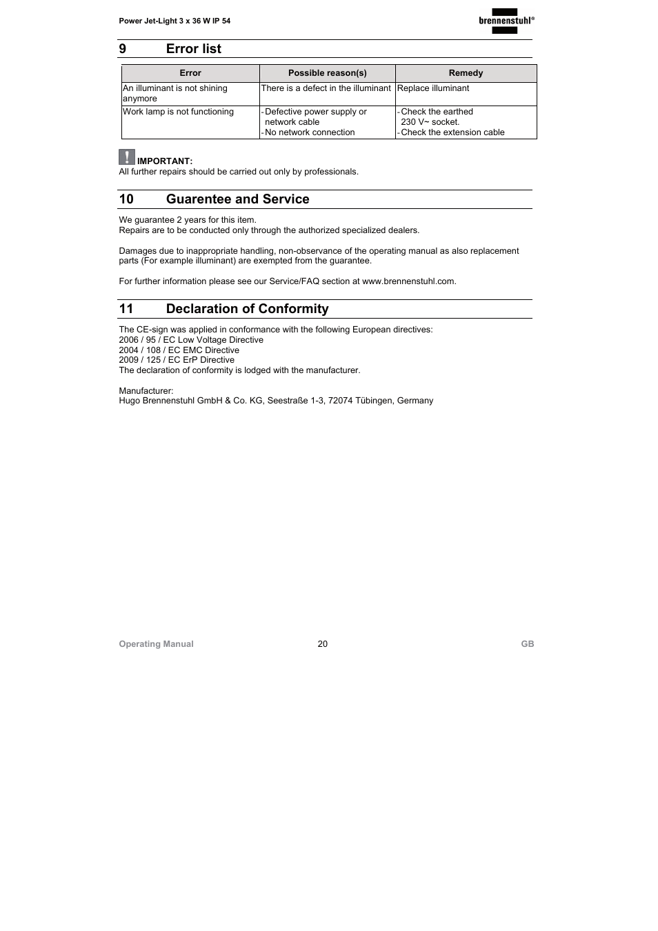 9 error list, 10 guarentee and service, 11 declaration of conformity | Brennenstuhl Power Jet-Light 3 x 36 Watt IP54 spotlight 5m H07RN-F 3G1,5 3x2920lm Energy efficiency class A User Manual | Page 20 / 68