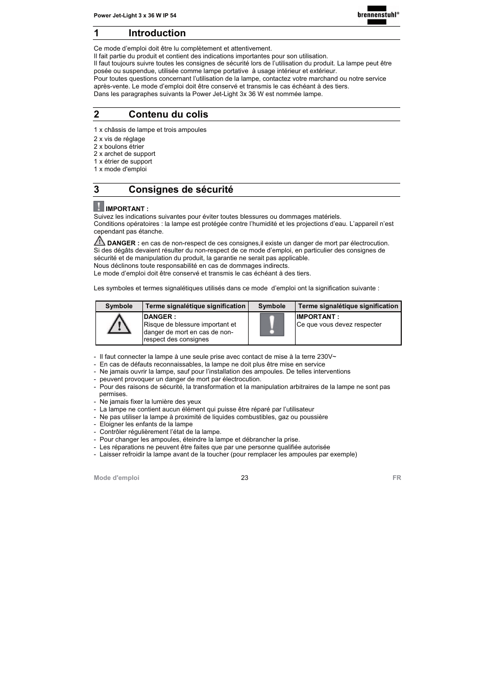 1 introduction, 2contenu du colis, 3consignes de sécurité | Brennenstuhl Power Jet-Light 3 x 36 Watt IP54 spotlight 5m H07RN-F 3G1,5 3x2920lm Energy efficiency class A User Manual | Page 23 / 68