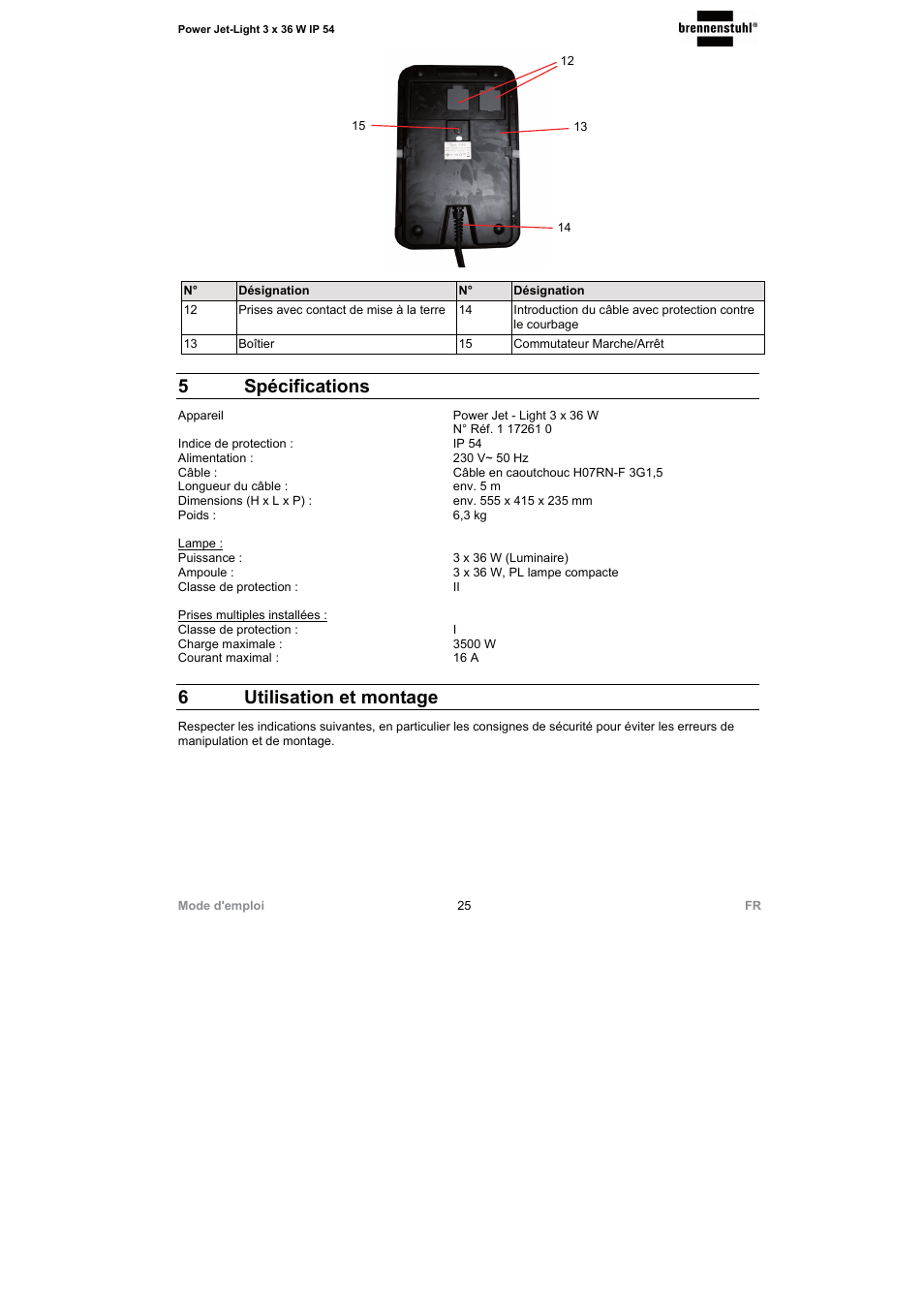 5 spécifications, 6 utilisation et montage | Brennenstuhl Power Jet-Light 3 x 36 Watt IP54 spotlight 5m H07RN-F 3G1,5 3x2920lm Energy efficiency class A User Manual | Page 25 / 68