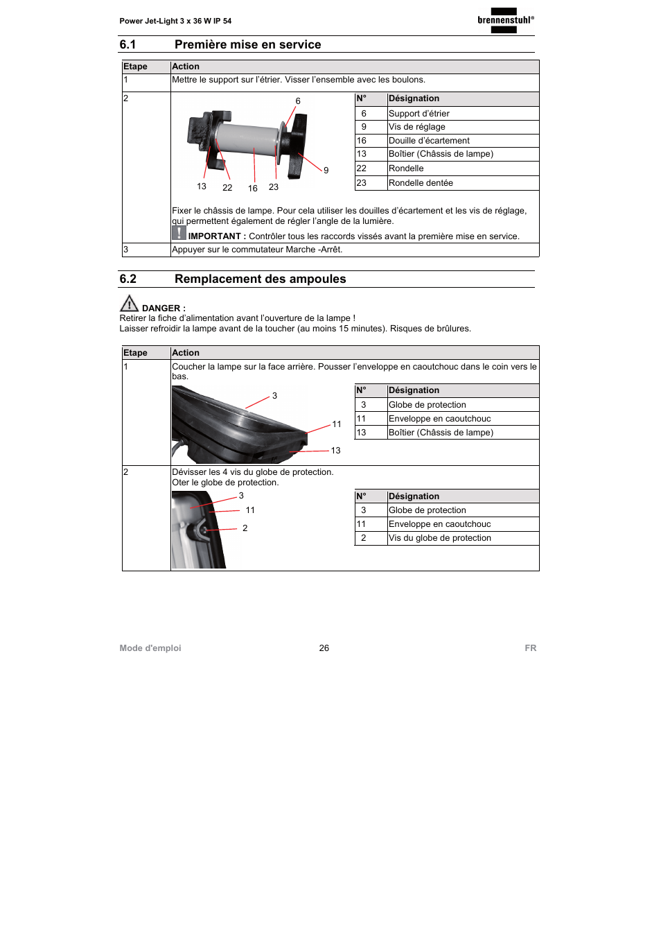 1 première mise en service, 2 remplacement des ampoules | Brennenstuhl Power Jet-Light 3 x 36 Watt IP54 spotlight 5m H07RN-F 3G1,5 3x2920lm Energy efficiency class A User Manual | Page 26 / 68