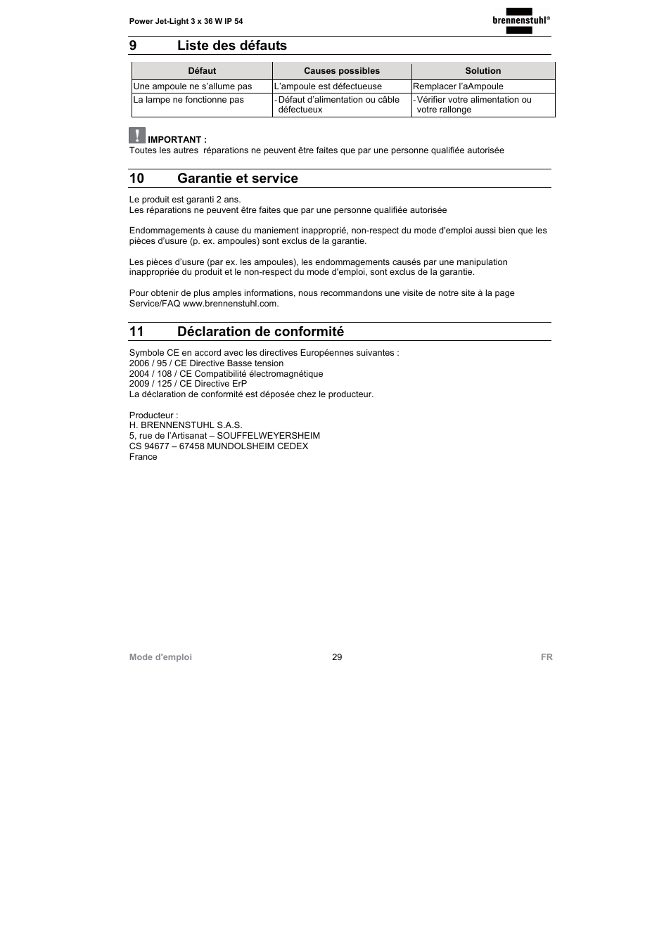 9liste des défauts, 10 garantie et service, 11 déclaration de conformité | Brennenstuhl Power Jet-Light 3 x 36 Watt IP54 spotlight 5m H07RN-F 3G1,5 3x2920lm Energy efficiency class A User Manual | Page 29 / 68