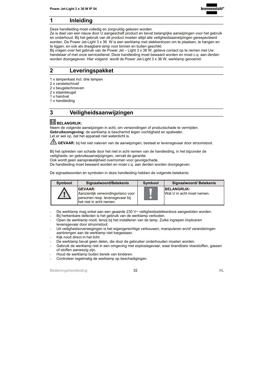 1 inleiding, 2 leveringspakket, 3 veiligheidsaanwijzingen | Brennenstuhl Power Jet-Light 3 x 36 Watt IP54 spotlight 5m H07RN-F 3G1,5 3x2920lm Energy efficiency class A User Manual | Page 32 / 68