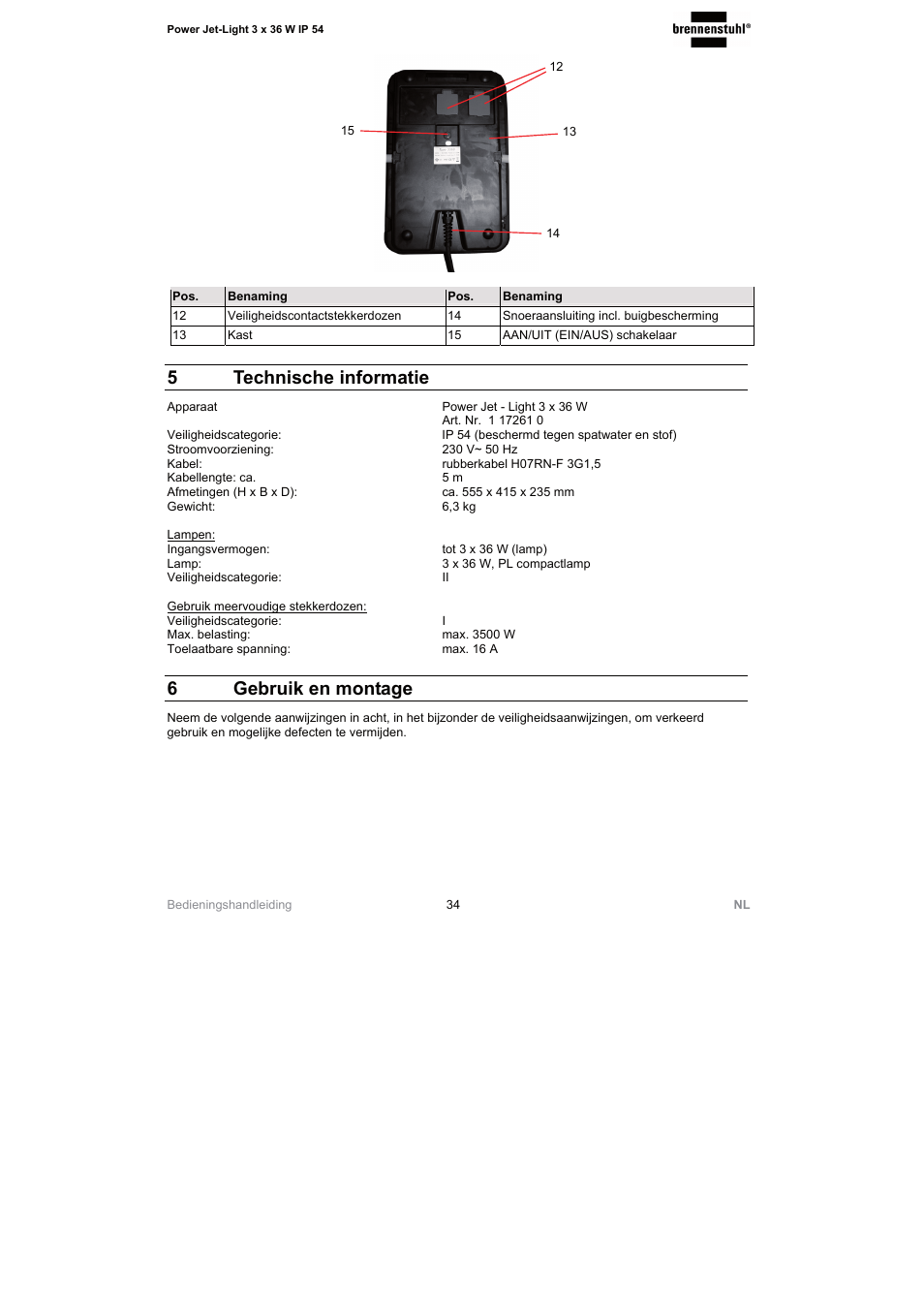 5 technische informatie, 6gebruik en montage | Brennenstuhl Power Jet-Light 3 x 36 Watt IP54 spotlight 5m H07RN-F 3G1,5 3x2920lm Energy efficiency class A User Manual | Page 34 / 68