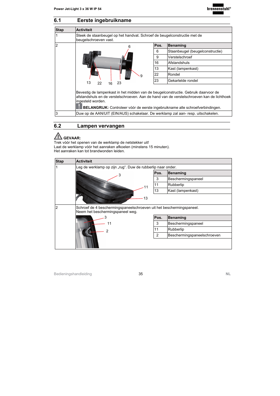 1 eerste ingebruikname, 2 lampen vervangen | Brennenstuhl Power Jet-Light 3 x 36 Watt IP54 spotlight 5m H07RN-F 3G1,5 3x2920lm Energy efficiency class A User Manual | Page 35 / 68