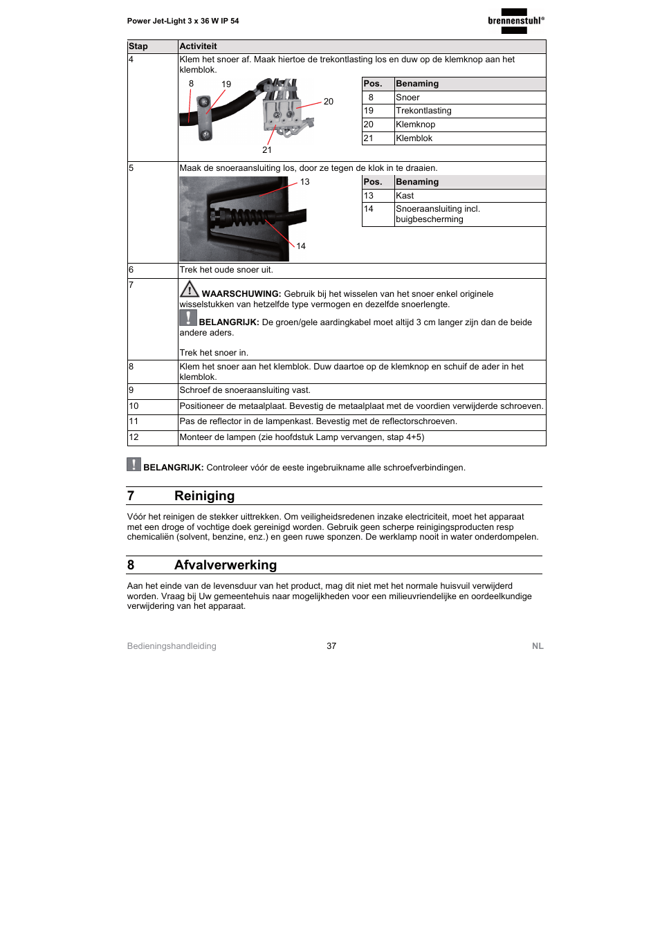 7 reiniging, 8 afvalverwerking | Brennenstuhl Power Jet-Light 3 x 36 Watt IP54 spotlight 5m H07RN-F 3G1,5 3x2920lm Energy efficiency class A User Manual | Page 37 / 68