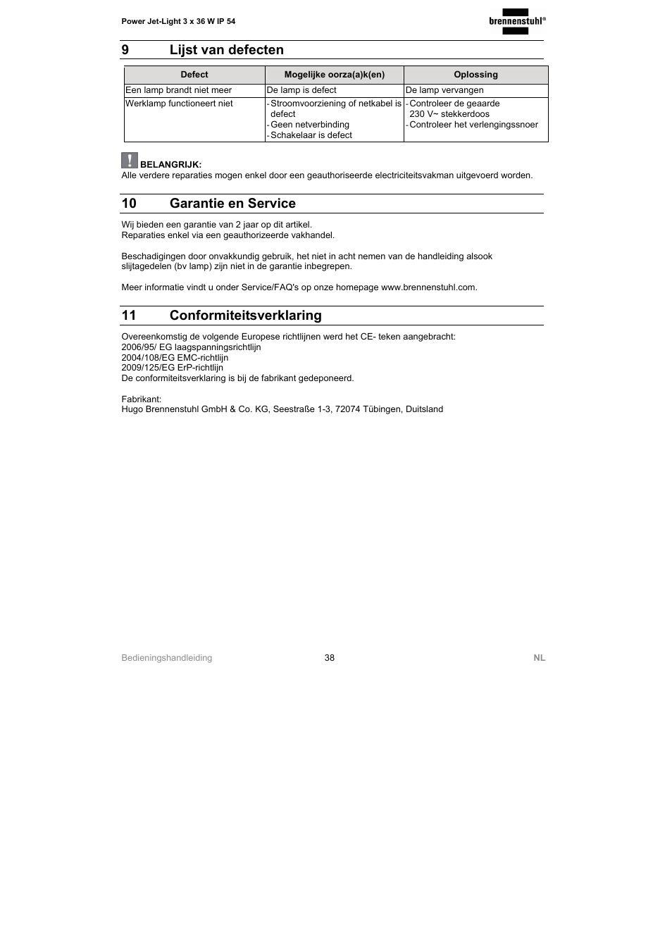 9lijst van defecten, 10 garantie en service, 11 conformiteitsverklaring | Brennenstuhl Power Jet-Light 3 x 36 Watt IP54 spotlight 5m H07RN-F 3G1,5 3x2920lm Energy efficiency class A User Manual | Page 38 / 68