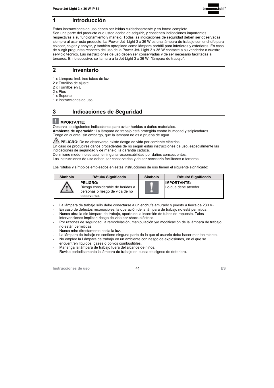 1 introducción, 2 inventario, 3indicaciones de seguridad | Brennenstuhl Power Jet-Light 3 x 36 Watt IP54 spotlight 5m H07RN-F 3G1,5 3x2920lm Energy efficiency class A User Manual | Page 41 / 68