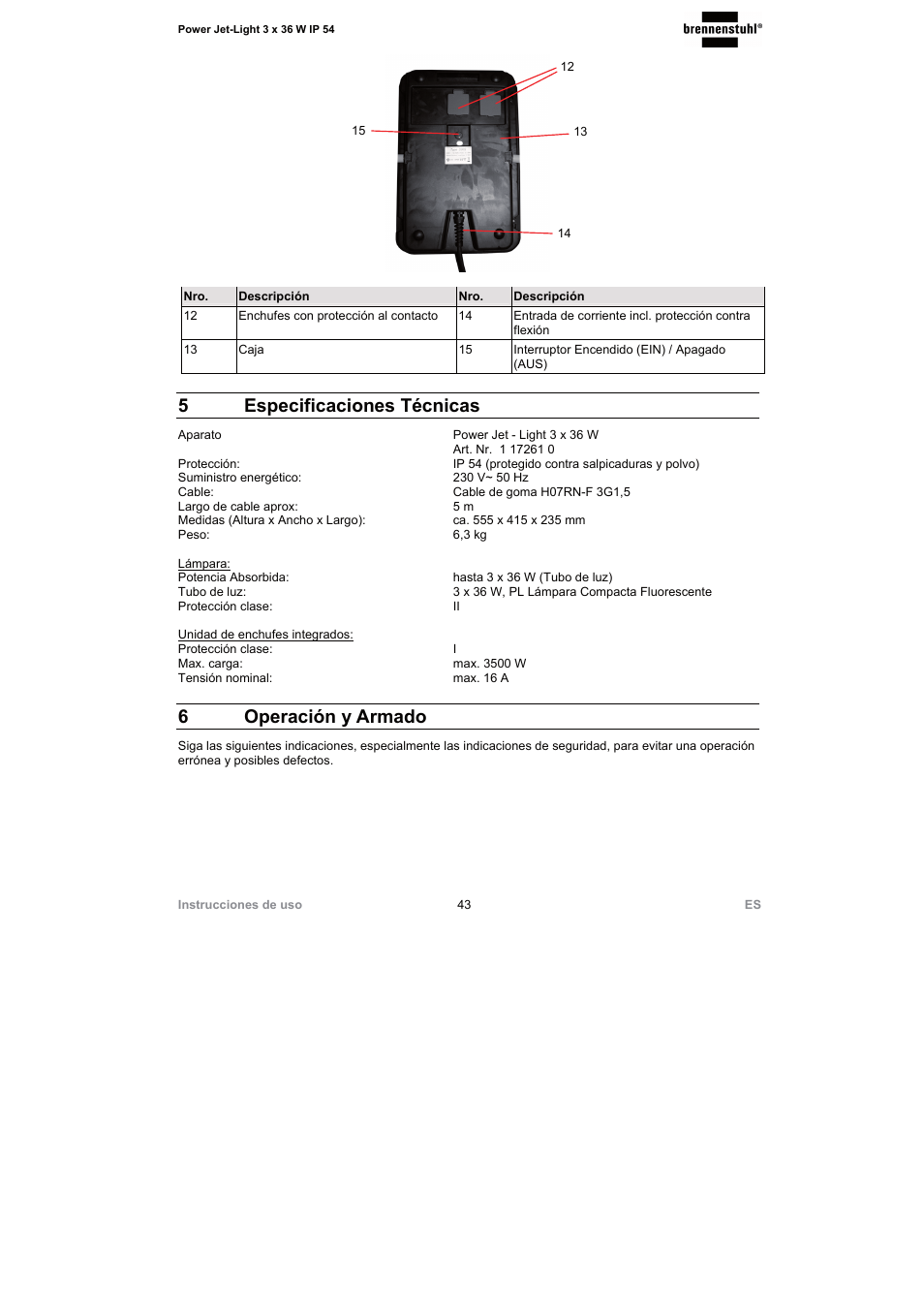 5 especificaciones técnicas, 6 operación y armado | Brennenstuhl Power Jet-Light 3 x 36 Watt IP54 spotlight 5m H07RN-F 3G1,5 3x2920lm Energy efficiency class A User Manual | Page 43 / 68