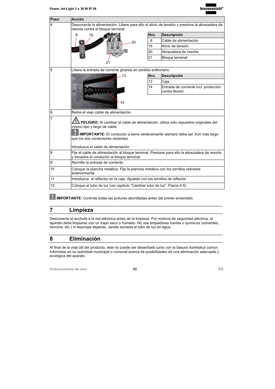 7 limpieza, 8 eliminación | Brennenstuhl Power Jet-Light 3 x 36 Watt IP54 spotlight 5m H07RN-F 3G1,5 3x2920lm Energy efficiency class A User Manual | Page 46 / 68