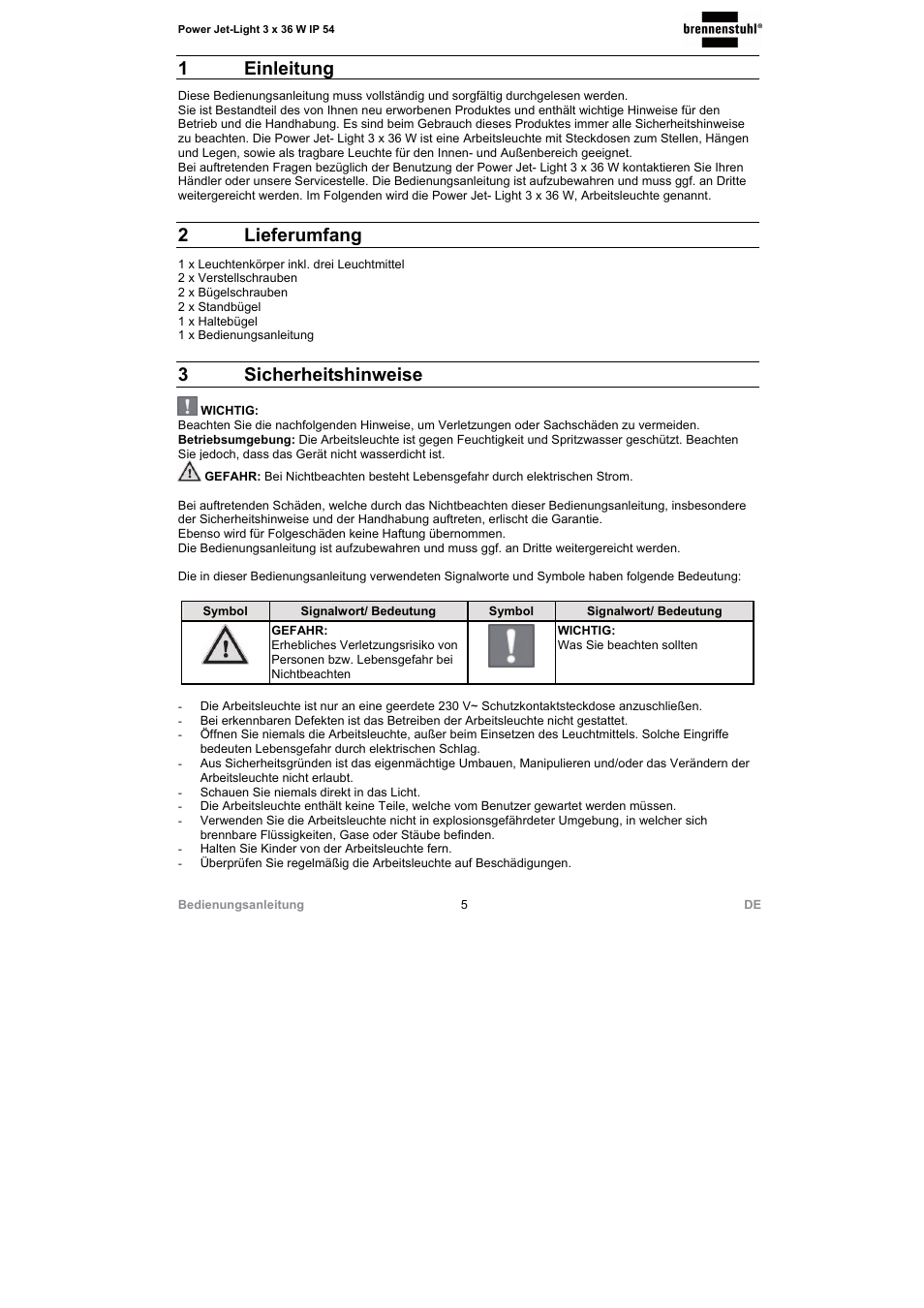 1 einleitung, 2 lieferumfang, 3 sicherheitshinweise | Brennenstuhl Power Jet-Light 3 x 36 Watt IP54 spotlight 5m H07RN-F 3G1,5 3x2920lm Energy efficiency class A User Manual | Page 5 / 68