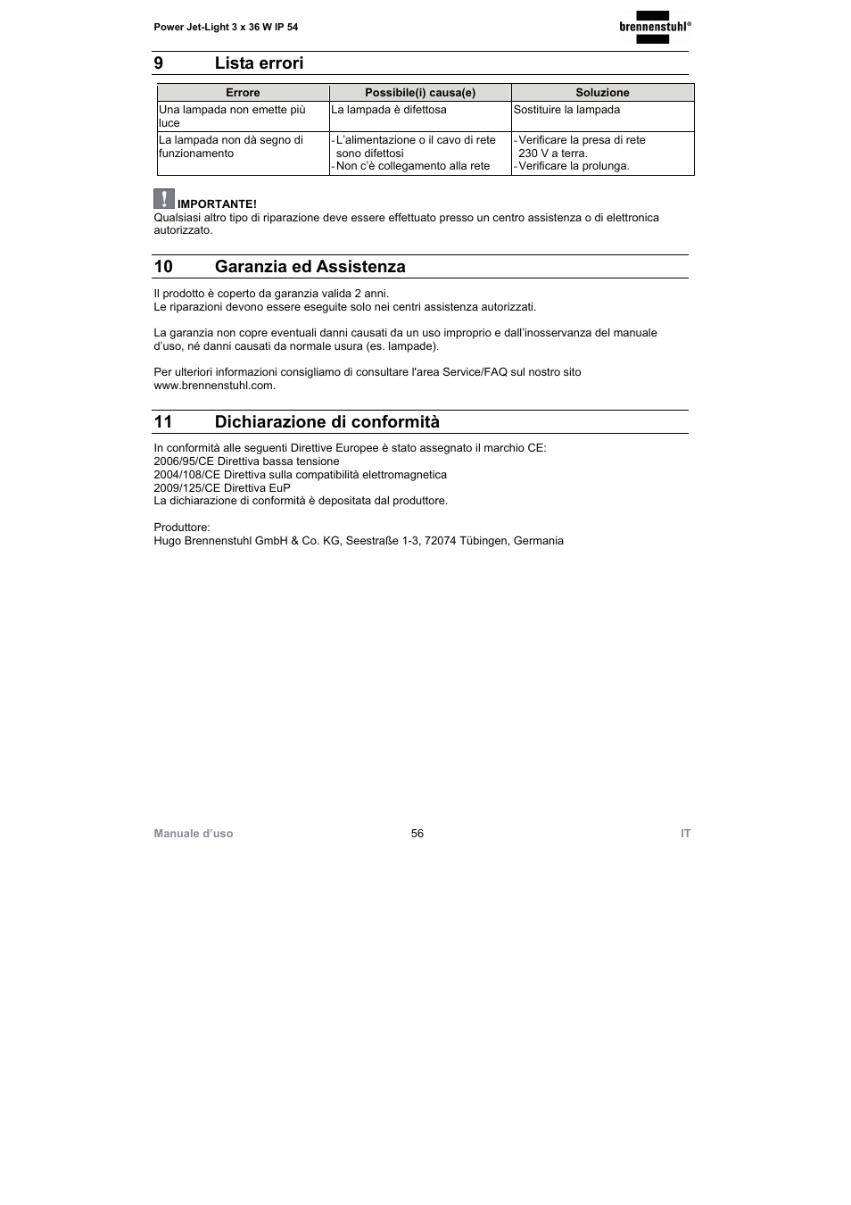9 lista errori, 10 garanzia ed assistenza, 11 dichiarazione di conformità | Brennenstuhl Power Jet-Light 3 x 36 Watt IP54 spotlight 5m H07RN-F 3G1,5 3x2920lm Energy efficiency class A User Manual | Page 56 / 68
