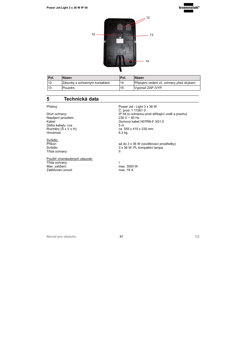 5 technická data | Brennenstuhl Power Jet-Light 3 x 36 Watt IP54 spotlight 5m H07RN-F 3G1,5 3x2920lm Energy efficiency class A User Manual | Page 61 / 68