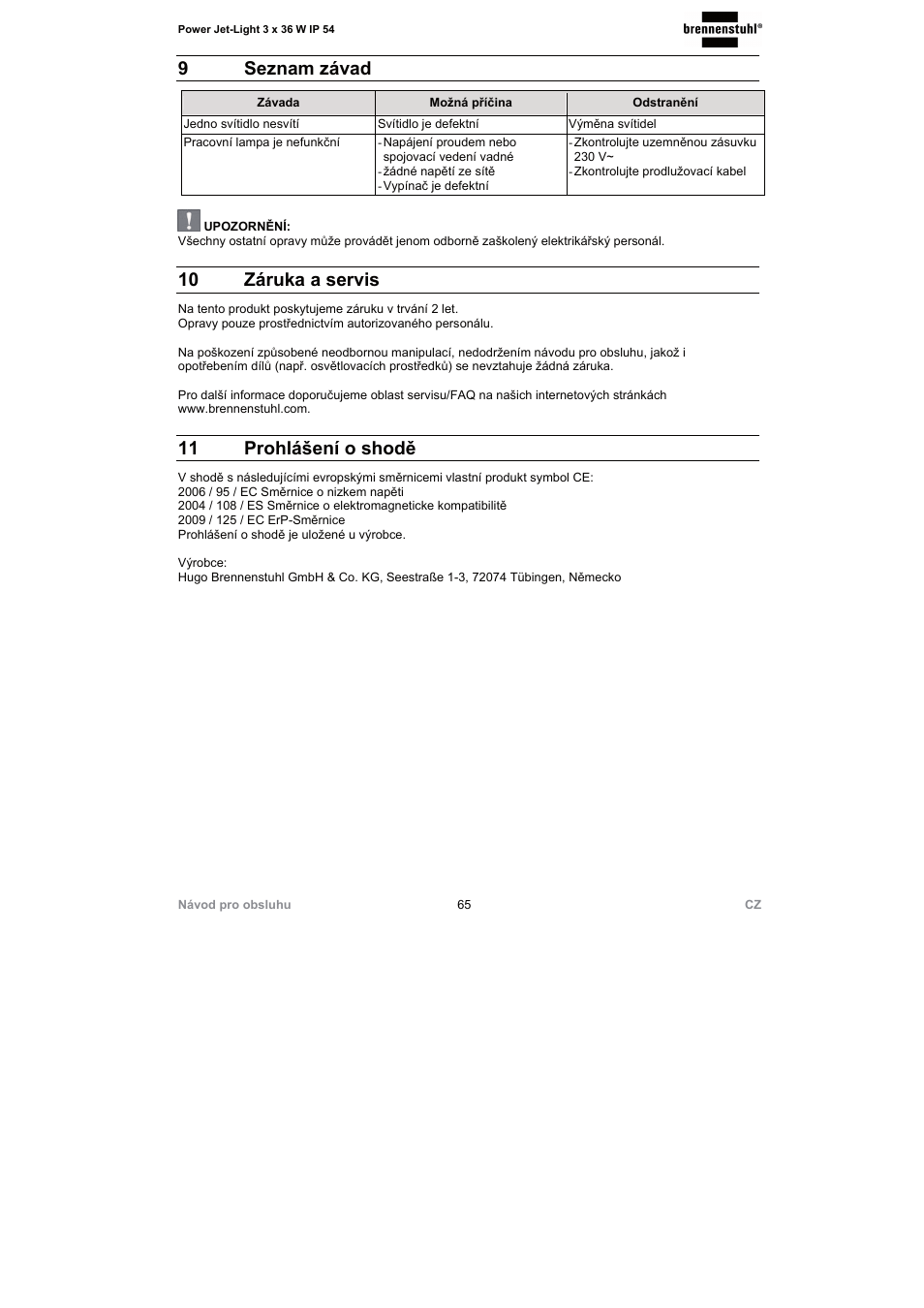 9 seznam závad, 10 záruka a servis, 11 prohlášení o shodě | Brennenstuhl Power Jet-Light 3 x 36 Watt IP54 spotlight 5m H07RN-F 3G1,5 3x2920lm Energy efficiency class A User Manual | Page 65 / 68