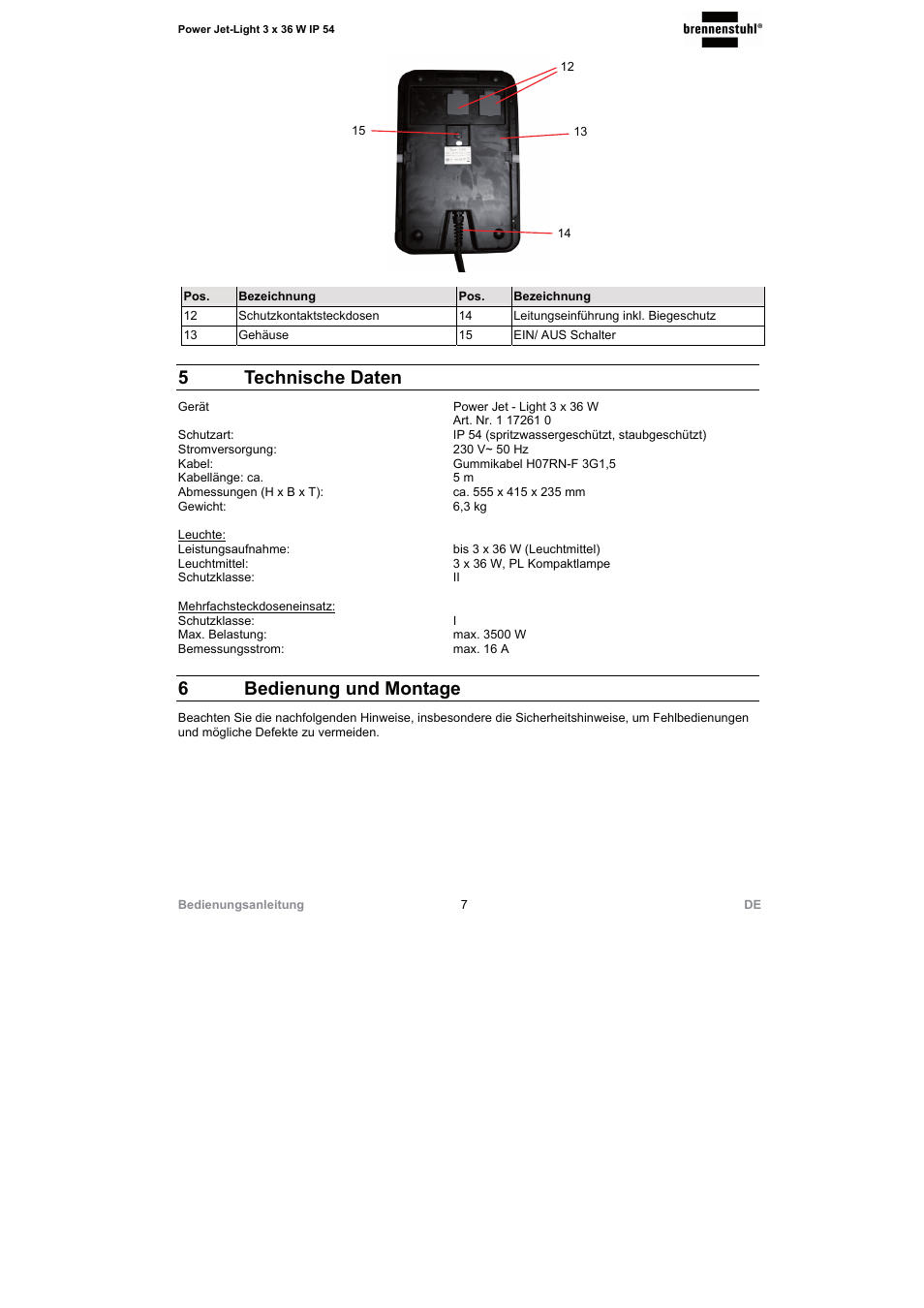 5technische daten, 6bedienung und montage | Brennenstuhl Power Jet-Light 3 x 36 Watt IP54 spotlight 5m H07RN-F 3G1,5 3x2920lm Energy efficiency class A User Manual | Page 7 / 68