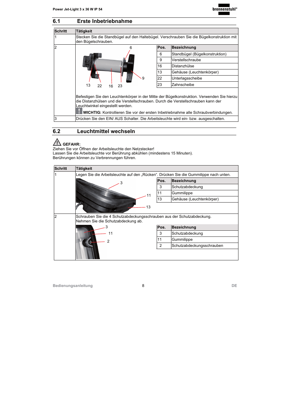 1 erste inbetriebnahme, 2 leuchtmittel wechseln | Brennenstuhl Power Jet-Light 3 x 36 Watt IP54 spotlight 5m H07RN-F 3G1,5 3x2920lm Energy efficiency class A User Manual | Page 8 / 68