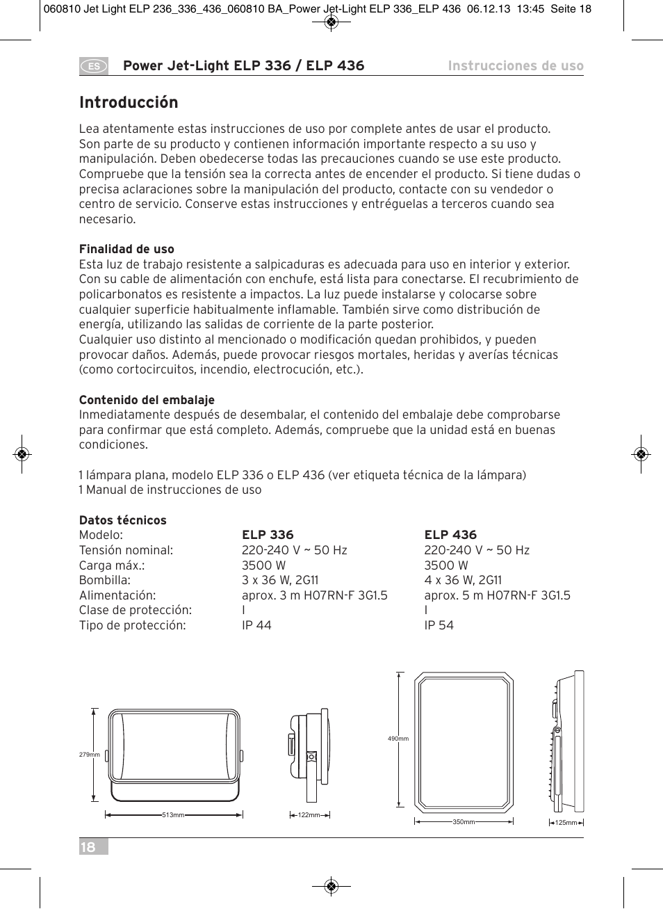 Introducción | Brennenstuhl Power Jet-Light ELP 436 IP54 spotlight 5m H07RN-F 3G1,5 4x36W 4x2850lm Energy efficiency class B User Manual | Page 18 / 40
