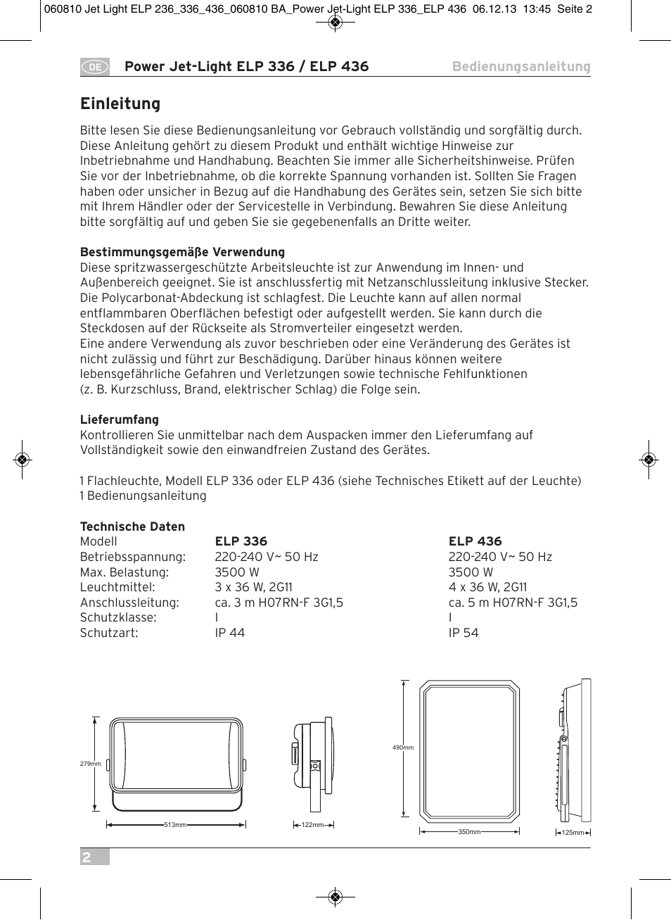 Einleitung | Brennenstuhl Power Jet-Light ELP 436 IP54 spotlight 5m H07RN-F 3G1,5 4x36W 4x2850lm Energy efficiency class B User Manual | Page 2 / 40