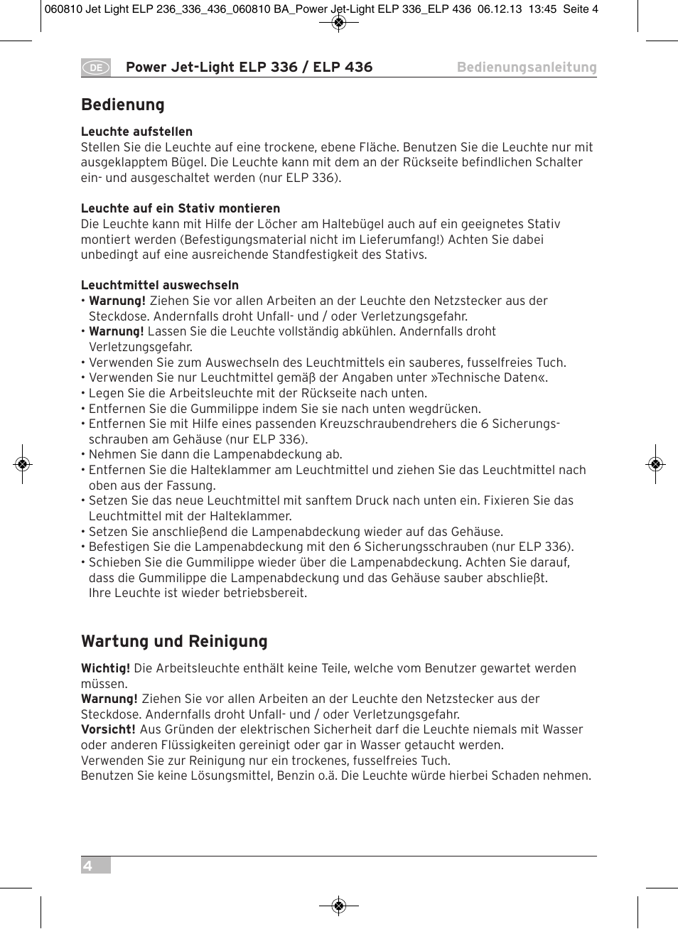 Bedienung, Wartung und reinigung | Brennenstuhl Power Jet-Light ELP 436 IP54 spotlight 5m H07RN-F 3G1,5 4x36W 4x2850lm Energy efficiency class B User Manual | Page 4 / 40