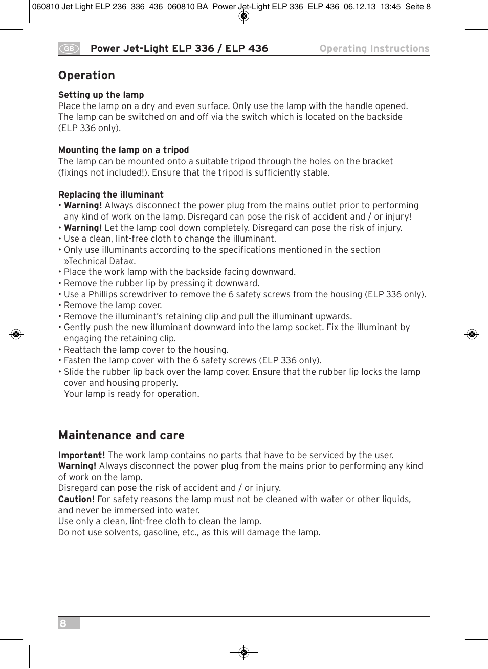 Operation, Maintenance and care | Brennenstuhl Power Jet-Light ELP 436 IP54 spotlight 5m H07RN-F 3G1,5 4x36W 4x2850lm Energy efficiency class B User Manual | Page 8 / 40